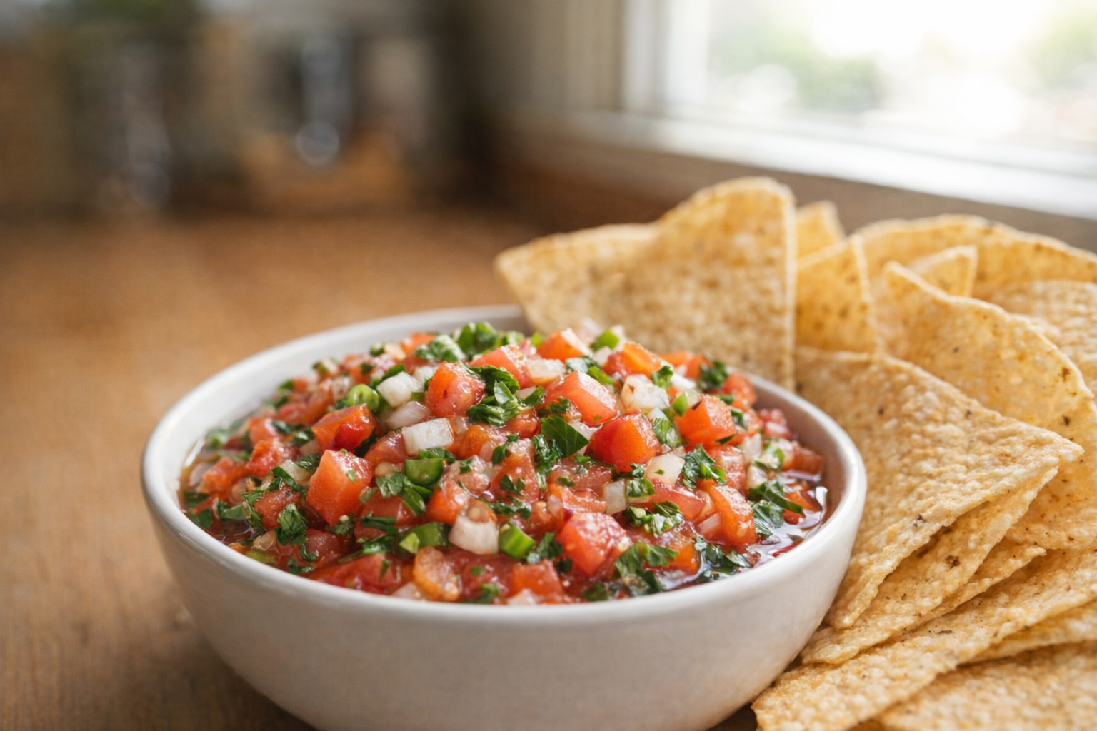 A vibrant bowl of classic tomato salsa with red tomatoes, white onions, green cilantro, and a hint of jalapeño, served with crispy tortilla chips, bright natural light